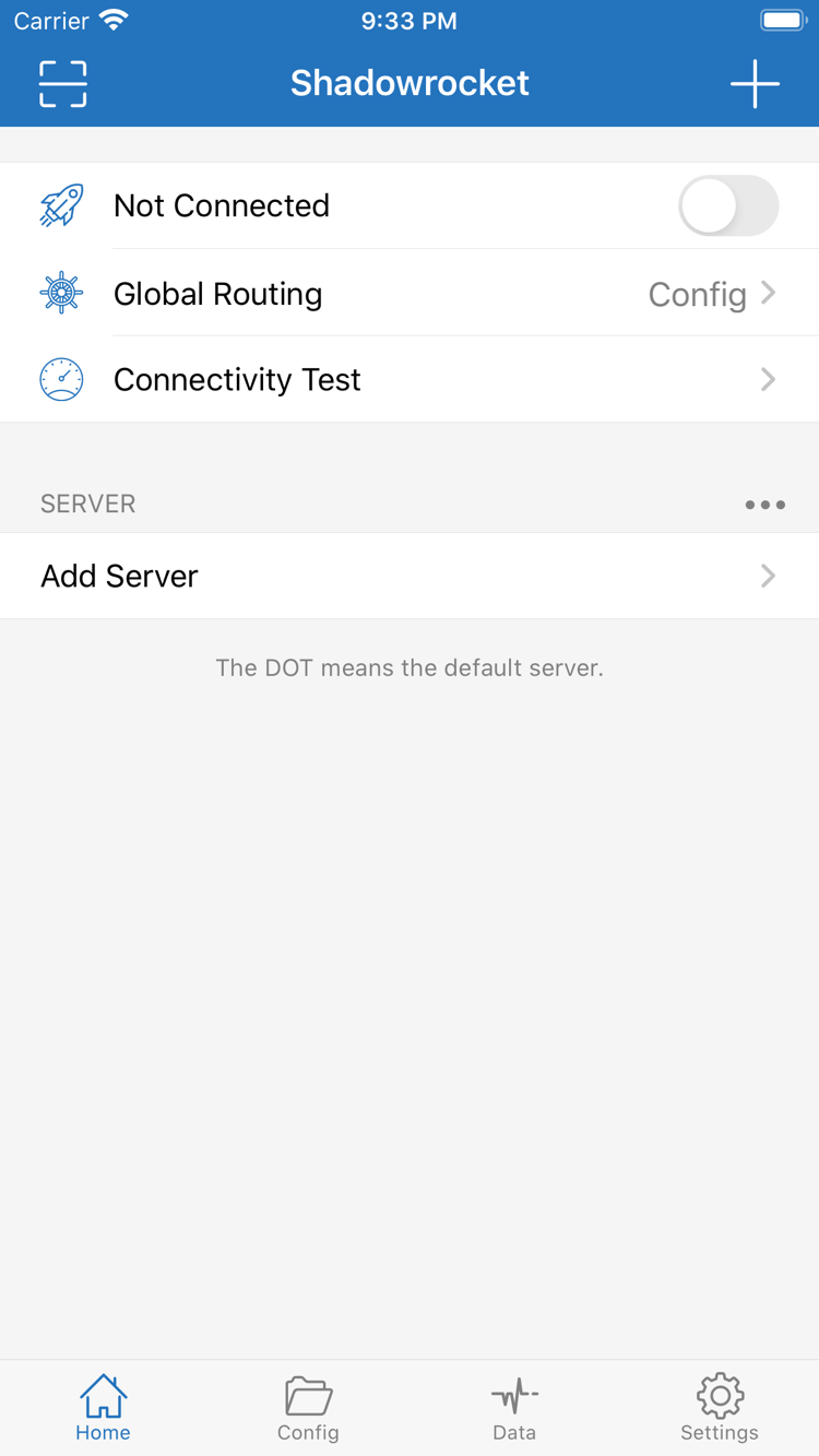 Shadowrocket Home screen showing Not Connected at the top, followed by Global Routing, Connectivity Test, SERVER, and Add Server